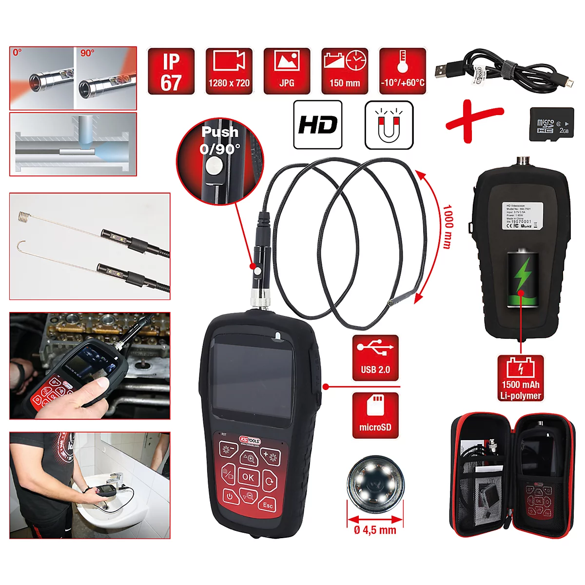 Ein Inspektionskamera-Set, bestehend aus einem Handgerät mit Bildschirm, Kabel, Kamera und Zubehör. Es zeigt Details wie Wasserdichtigkeit, HD-Aufnahme, USB-Anschluss und microSD.